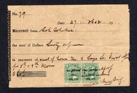 MALAYA - JAPANESE OCCUPATION - 1942 - REVENUE USE OF POSTAGE STAMPS: Printed receipt slip dated '2602' at top franked with 1942 3c green issue of PERAK with 'DAI NIPPON 2602 MALAYA' overprint in black (SG J247) tied manuscript cancels.  (MYA/21338)