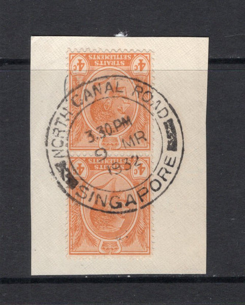 MALAYA - STRAITS SETTLEMENTS - 1921 - CANCELLATION: 4c orange GV issue, a fine pair tied on piece by superb strike of NORTH CANAL ROAD SINGAPORE cds dated 9 MAR 1932. (SG 224)  (MYA/24284)