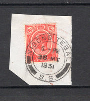 MALAYA - STRAITS SETTLEMENTS - 1921 - CANCELLATION: 6c scarlet GV issue tied on piece by superb strike of NIBONG TEBAL S.S. cds dated 28 MAY 1931. (SG 229)  (MYA/24285)