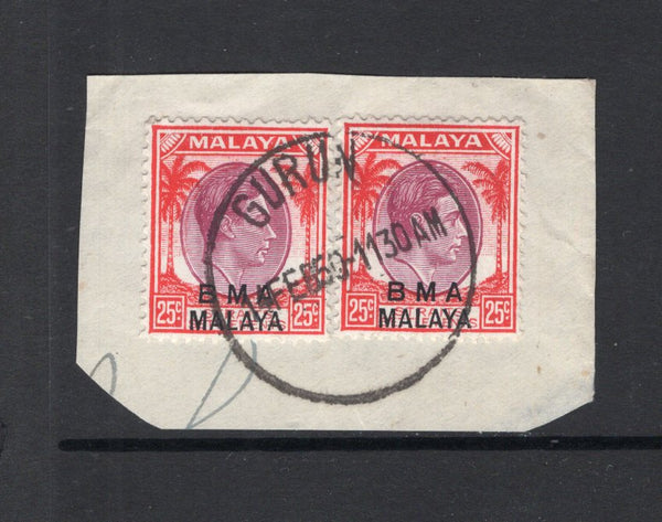 MALAYA - BRITISH MILITARY ADMINISTRATION - 1945 - CANCELLATION: 25c dull purple & scarlet GVI issue with 'BMA MALAYA' overprint, a fine pair used in Kedah tied on piece by superb complete strike of GURUN cds dated 14 FEB 1950. (SG 13a)  (MYA/24288)