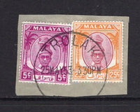 MALAYA - PERAK - 1950 - CANCELLATION: 5c bright purple and 25c purple & orange tied on piece by fine strike of TROLAK cds dated 25 MAY 1953. (SG 132 & 141)  (MYA/24296)