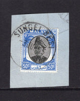 MALAYA - SELANGOR - 1949 - CANCELLATION: 50c black & blue GVI issue tied on small piece by fine strike of SUNGEI BESI Cds dated 3 JUN 1955. (SG 107)  (MYA/24298)