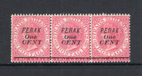 MALAYA - PERAK - 1891 - MULTIPLE: 1c on 2c bright rose QV 'Surcharge' issue with overprint type 30, a fine mint strip of three. (SG 57)  (MYA/41945)