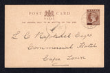 NATAL - 1901 - POSTAL STATIONERY: ½d brown on buff QV postal stationery card with bar through 'PENNY' (H&G 9) used with DURBAN cds dated JUN 22 1904. Addressed to CAPE TOWN (Cape of Good Hope) with large '1d' in circle marking struck on arrival. Commercial message on reverse.  (NAT/41961)