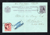 NETHERLANDS COLONIES - SURINAME - 1897 - ROUTING: 5c violet on light blue postal stationery card (H&G 8) with manuscript 'Via Barbados . St. Kitts' at top used with added 1890 2½c carmine (SG 46) tied by PARAMARIBO cds's dated 21 7 1897. Addressed to the Dutch island of ST MARTINS in the Caribbean with fine BARBADOS transit cds and light ST. KITTS transit cds along with fine ST. MARTIN N.G. arrival cds in purple all on reverse. Card has a vertical crease down centre but otherwise a very unusual destination