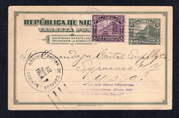 NICARAGUA - 1924 - POSTAL STATIONERY & INTRUCTIONAL MARK: 1c grey green postal stationery card (H&G 87) used with added 1922 1c violet (SG 466) tied by unclear LEON cancel. Addressed to USA with CORINTO transit mark and three line ''Si Ud. Nota alguna irregularida en Communicaciones sirvase infor mar a la Direccion General" cachet in purple on front.  (NIC/10208)