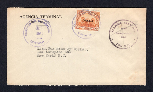 NICARAGUA - 1932 - OFFICIAL MAIL: Headed 'Agencia Terminal' cover franked with 1932 20c orange with 'OFICIAL' overprint (SG O702) tied by CORINTO cds with 'AGENCIA TERMINAL Correspondencia Oficial CORINTO' cachet alongside with official 'Signature'. Addressed to USA.  (NIC/10252)