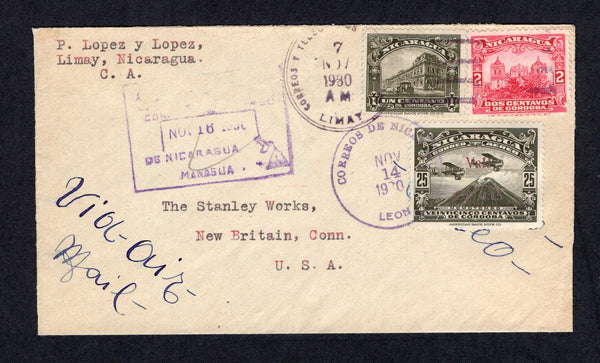 NICARAGUA - 1930 - CANCELLATION & AIRMAIL: Cover franked with 1922 2c carmine and 1929 1c blackish green (SG 467 & 617) tied by fine LIMAY cds. Sent airmail via LEON with 1930 15c on 25c blackish green AIR issue applied and cancelled with LEON cds. Addressed to USA with boxed CORREO AEREO MANAGUA marking applied in transit. Small P.O.s often did not stock airmail stamps and mail was forwarded with payment to the larger towns to be franked and put into the airmail system.  (NIC/10260)
