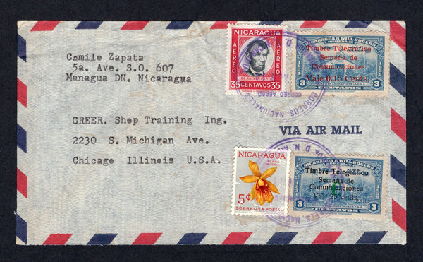 NICARAGUA - 1962 - SEMANA DE COMMUNICACIONES ISSUE: Circa 1962. Airmail cover franked with 1960 35c & 1962 5c postage issues (SG 1378 & 1451) plus 1959 15c on 3c dull blue with 'Semana de Communicaciones' overprint in red and 1962 5c on 3c dull blue with 'Semana de Communicaciones' overprint and large green 'C' overprint all tied by MANAGUA cds's. Addressed to USA.  (NIC/10298)