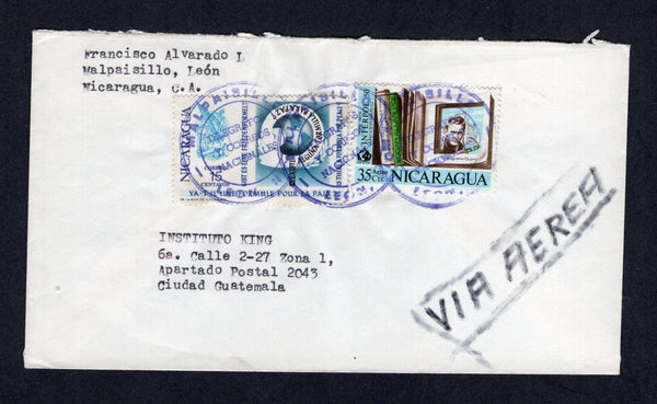 NICARAGUA - 1972 - CANCELLATION: Circa 1972. Cover franked with 1971 15c and 1972 35c (SG 1774 & 1832) tied by multiple strikes of undated MALPAISILLO TELEGRAFOS Y CORREOS NACIONALES LEON NIC cancels in purple. Sent airmail to GUATEMALA.  (NIC/10304)