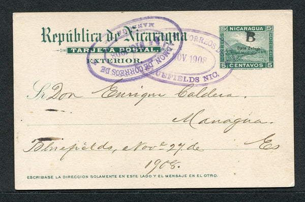 NICARAGUA - ZELAYA - 1905 - POSTAL STATIONERY: 5c green 'Momotombo' postal stationery card with 'B Dpto Zelaya' overprint in black (H&G M2) for use in the Coastal Provinces of Zelaya, used with fine oval BLUEFIELDS cancel in purple. Addressed to MANAGUA with oval arrival mark on front.  (NIC/10315)