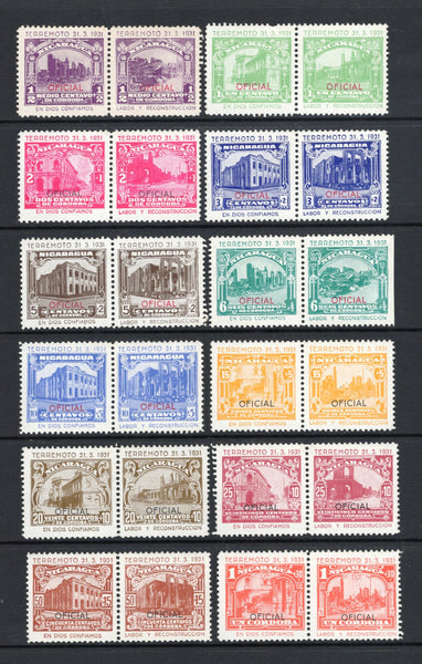 NICARAGUA - 1931 - CINDERELLA: 'Earthquake Rebuilding Fund' set of twelve cinderella labels overprinted OFICIAL issued in Se-tenant pairs inscribed 'Terremoto 31.3.1931 En Dios Confiamos Labor Y Reconstruccion'. Fine mint.  (NIC/11585)