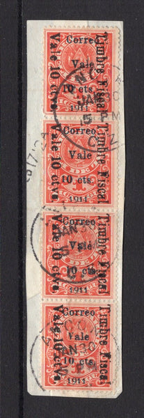 NICARAGUA - 1911 - RAILWAY COUPON ISSUE: 10c on 10c on 1c vermilion 'Railway Coupon' issue with overprint in blue, a fine used strip of four on piece tied by ANCON C.Z. cds's. (SG 329)  (NIC/16826)