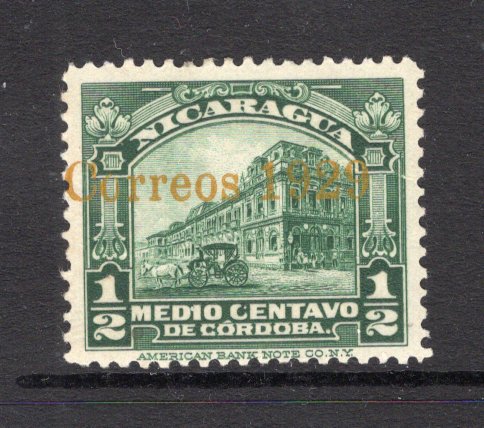 NICARAGUA - 1929 - PROVISIONAL ISSUE: ½c deep green 'National Palace' issue with UNISSUED 'Correos 1929' TRIAL overprint in yellow, a fine mint copy. (Maxwell #606N)  (NIC/25126)