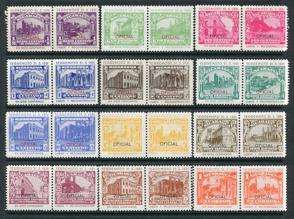 NICARAGUA - 1931 - CINDERELLA: 'Earthquake Rebuilding Fund' set of twelve cinderella labels overprinted OFICIAL issued in Se-tenant pairs inscribed 'Terremoto 31.3.1931 En Dios Confiamos Labor Y Reconstruccion'. Fine mint.  (NIC/2597)