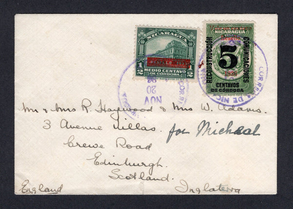 NICARAGUA - 1936 - RATE: Unsealed cover franked with 1935 ½c deep green with boxed 'RESELLO 1935' overprint and 1936 1c on 5c green 'Timbre Telegrafico' SURCHARGE issue (SG 820 & 908) tied by LEON cds's dated NOV 20 1936. Addressed to UK. An unusual 1½c rate.  (NIC/26812)