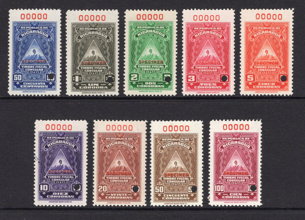 NICARAGUA - 1950 - REVENUES: 'Timbre Fiscal Consular' REVENUE issue printed by 'American Bank Note Co', the set of nine including four values unrecorded in Birks all numbered '00000' in red with 'SPECIMEN' overprint also in red and small hole punch. (Birks #636/640)  (NIC/28691)
