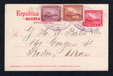 NICARAGUA - ZELAYA - 1902 - POSTAL STATIONERY: 2c red 'Momotombo' postal stationery card (H&G 48) used with added 1900 1c claret and 2c orange red 'Momotombo' issue (SG 137/138) tied by two fine strikes of BLUEFIELDS oval cancel dated FEB 10 1902. Addressed to USA with arrival cds on reverse.  (NIC28714)