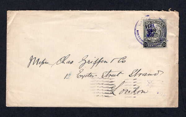 NICARAGUA - ZELAYA - 1911 - BLUEFIELDS: Cover franked with single 1909 15c black with 'B Dpto. Zelaya' overprint (SG B82) tied by BLUEFIELDS cds in blue dated JUN 25 1911. Addressed to UK with NEW ORLEANS transit cds on reverse.  (NIC/30524)