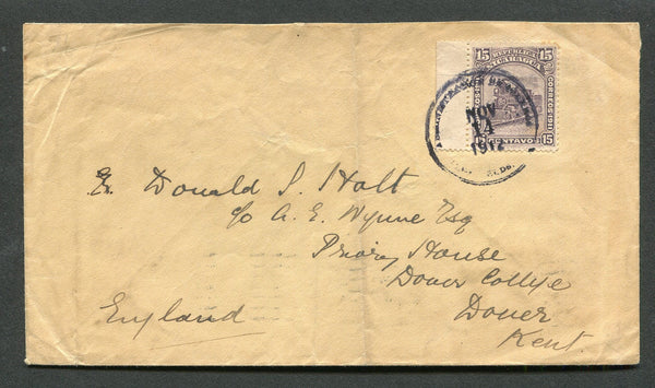 NICARAGUA - ZELAYA - 1912 - TRAIN ISSUE: Cover franked with 1912 15c lilac 'Train' issue (SG Z8) tied by BLUEFIELDS cds dated NOV 14 1912. Addressed to UK with NEW ORLEANS transit cds on reverse. A very scarce issue used on cover.  (NIC/34138)