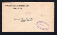 NICARAGUA - 1931 - OFFICIAL MAIL & EARTHQUAKE: Stampless official 'Banco Nacional de Nicaragua, Managua' cover with straight line 'OFICIAL' in purple and circular official cachet on front. Mailed just after the earthquake with good strike of the oval 'ADMINISTRACION DE CORREOS MANAGUA D.N. NIC C.A. provisional cancel dated MAY 28 1931. Addressed to FRANCE with CORINTO Transit cds on reverse.  (NIC/34263)