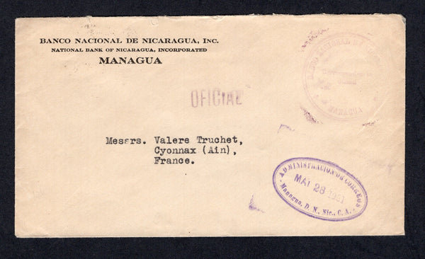 NICARAGUA - 1931 - OFFICIAL MAIL & EARTHQUAKE: Stampless official 'Banco Nacional de Nicaragua, Managua' cover with straight line 'OFICIAL' in purple and circular official cachet on front. Mailed just after the earthquake with good strike of the oval 'ADMINISTRACION DE CORREOS MANAGUA D.N. NIC C.A. provisional cancel dated MAY 28 1931. Addressed to FRANCE with CORINTO Transit cds on reverse.  (NIC/34263)