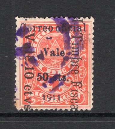 NICARAGUA - 1911 - RAILWAY COUPON ISSUE: 50c on 10c on 1c vermilion 'Railway Coupon' issue with 'Correo Oficial Vale 50c 1911' overprint and surcharge on reverse obliterated by heavy black bar. A fine cds used copy. Scarce and underrated issue. (SG O348)  (NIC/37028)