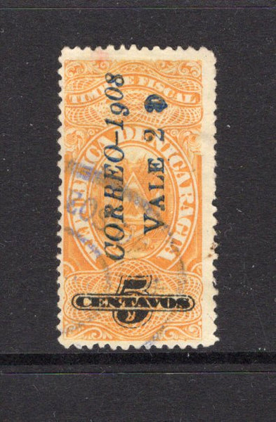 NICARAGUA - 1908 - VARIETY: 2c on 5c orange yellow 'Revenue' issue with 'CORREO - 1908' overprint in blue, a fine lightly used copy with variety 'DROPPED 9 IN 1908'. (SG 261 variety, Maxwell #279c)  (NIC/41726)