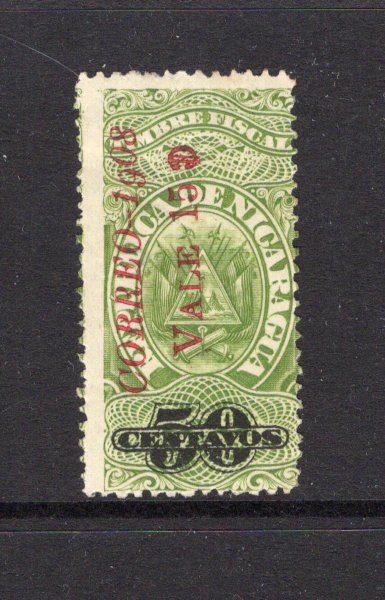 NICARAGUA - 1908 - VARIETY: 15c on 50c green 'Revenue' issue with 'CORREO - 1908' overprint in carmine, a fine lightly used copy with variety 'DROPPED 9 IN 1908'. (SG 263 variety, Maxwell #281c)  (NIC/41727)