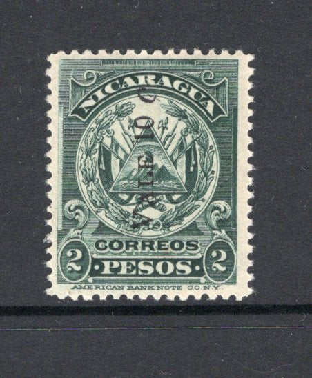 NICARAGUA - 1906 - PROVISIONAL ISSUE: 10c on 2p deep green 'Arms' issue with overprint reading up, a fine mint copy. Scarce stamp. (SG 234)  (NIC/42014)