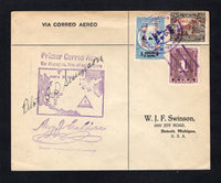 NICARAGUA - 1929 - FIRST FLIGHT: Cover franked with 1929 25c brown purple 'P.A.A.' AIR overprint issue, 1929 2c on 5c blue & black and 1928 1c plum TAX issue (SG 614, 609 & 604) all tied by MANAGUA cds dated MAY 15 1929. Flown on the Managua - Miami, USA first flight with first flight cachet in purple on front and signed by the pilot 'C. D. Swinson'. Addressed to USA. A scarce flight. (Muller #4, rated 2000pts)  (NIC/42317)