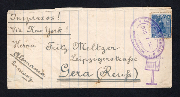 NICARAGUA - 1899 - SEEBECK ISSUE & INSTRUCTIONAL MARK: Homemade newspaper wrapper with manuscript 'Impresos Via New York' at top franked with 1899 5c deep blue 'Seebeck' issue (SG 129) tied by oval MANAGUA cancel dated DIC 1 1899 with fine strike of illustrated 'Letterbox' BUZON marking in purple below. Addressed to GERMANY. A rare marking.  (NIC/42374)