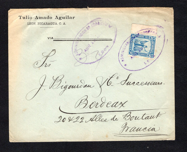 NICARAGUA - 1913 - WATERLOW ISSUE: Cover franked with single 1912 50c blue 'Waterlow' issue (SG 348) tied by large oval LEON cancel dated ABR 12 1913 with second strike alongside. Addressed to FRANCE with CORINTO transit mark on reverse.  (NIC/42376)