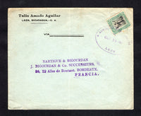 NICARAGUA - 1913 - WATERLOW ISSUE: Cover franked with single 1912 25c black & green 'Waterlow' issue (SG 346) tied by large oval LEON cancel dated OCT 13 1913. Addressed to FRANCE with CORINTO transit cds and French arrival cds on reverse.  (NIC/42377)