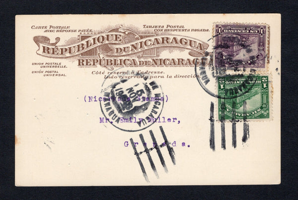 NICARAGUA - 1925 - POSTAL STATIONERY REUSE: 10c brown on cream 'Waterlow' postal stationery card (H&G 73) which was devalued in 1913 re-used with added 1922 ½c green and 1c violet 'National Palace' issue (SG 465/466) applied over stamp imprint and tied by heavy strike of MANAGUA cds with second strike alongside. Addressed internally to GRANADA. An unusual use.  (NIC/42378)