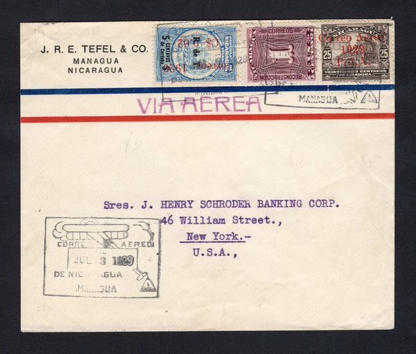 NICARAGUA - 1929 - AIRMAIL: Commercial airmail cover franked with 1929 2c on 5c blue & black 'Revenue' SURCHARGE issue, 1929 25c brown purple AIR issue with 'Correo Aereo 1929 P.A.A.' overprint and 1928 1c plum TAX issue (SG 609, 614 & 604) tied by boxed CORREO AEREO MANAGUA illustrated 'Airplane' cancels in black dated JUL 3 1929. Addressed to USA. A nice early flown cover, the international airmail service was inaugurated on 15th May 1929.  (NIC/42381)