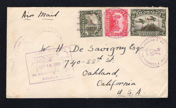 NICARAGUA - 1930 - AIRMAIL: Cover with manuscript 'Air Mail' at top franked with 1922 2c carmine red, 1930 15c on 25c blackish green AIRMAIL 'Surcharge' issue and 1929 1c blackish green TAX issue with 'R. de C.' overprint in red (SG 467, 634 & 628) tied by MATAGALPA cds's dated OCT 17 1930. Addressed to USA with boxed CORREO AEREO MANAGUA illustrated 'Airplane' transit mark on front.  (NIC/42382)