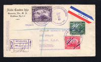 NICARAGUA - 1933 - AIRMAIL & REGISTRATION: Registered cover with typed 'VIA AEREA-CERTIFICADA' at side franked with 1933 ½c deep green and 2c carmine red with 'Signature' overprints plus 1929 15c violet 'Momotombo' AIR issue on front and strip of three 1933 5c sepia with 'Signature' overprints on reverse (SG 777, 779, 782 & 629) all tied by GRANADA cds's dated DIC 23 1933 with boxed 'GRANADA' registration marking on front with airmail label. Addressed to UK with various transit marks on reverse plus blue &