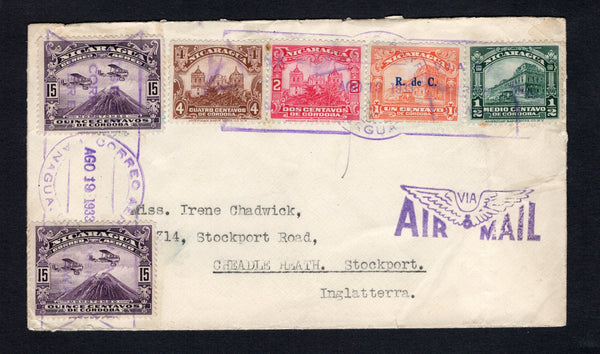 NICARAGUA - 1933 - AIRMAIL: Cover with franked with 1922 ½c deep green and 2c carmine red, 1928 4c chocolate and 1929 1c orange TAX issue plus 2 x 1929 15c violet 'Momotombo' AIR issue (SG 465, 467, 595, 605 & 629) all tied by large CORREO AEREO MANAGUA cancels dated AGO 19 1933 with 'Winged' AIR MAIL marking in purple on front. Addressed to UK. Attractive.  (NIC/42386)