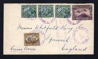 NICARAGUA - 1933 - AIRMAIL: Cover with manuscript 'Air Mail' at bottom franked with 1933 3 x ½c deep green and 6c drab with 'Signature' overprints plus 1929 15c violet 'Momotombo' AIR issue (SG 777, 783 & 629) all tied by LEON cds's dated OCT 20 1933. Addressed to UK with large CORREO AEREO MANAGUA transit mark on front. Backflap missing.  (NIC/42387)