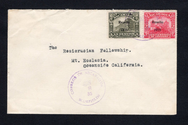 NICARAGUA - ZELAYA - 1935 - PROVISIONAL ISSUE: Cover franked with 1935 1c blackish green and 2c bright carmine both with 'RESELLO 1935' overprints (SG 816/817) tied by BLUEFIELDS cds dated JUN 8 1935 with second strike alongside. Addressed to USA.  (NIC/42388)