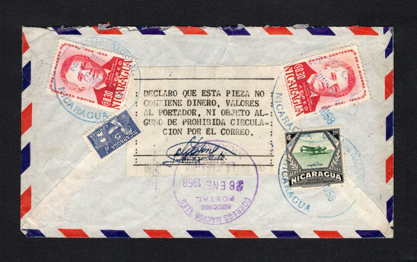 NICARAGUA - 1958 - OFFICIAL MAIL, OFFICIAL SEAL & CANCELLATION: Printed 'Oficina de Control de Especies Postales y Filatelia' registered cover franked on reverse with 1954 1col deep green & black, 2 x 1956 30c carmine and 5c deep violet blue 'Social Welfare' TAX issue (SG 1222, 1253 & 1247a) with home made black on white typed 'VALUE DECLARATION' seal all tied by JINOTEPE cds's dated 27 JAN 1958 with boxed 'JINOTEPE' registration marking in blue on front. Addressed to ARGENTINA with transit & arrival marks