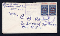 NICARAGUA - ZELAYA - 1962 - ORIGINATION: Cover from CORN ISLAND with manuscript 'Ylenda Escalona, North End, Corn Island, Nicaragua' at top left franked with pair 1961 20c on 50c ultramarine 'Revenue' SURCHARGE issue (SG 1411) tied by unclear CORN ISLAND 'Arms' cancel. Addressed to USA with boxed BLUEFIELDS transit mark on front. Rare.  (NIC/4248)