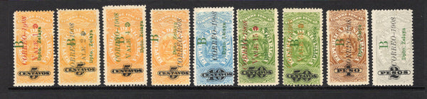 NICARAGUA - ZELAYA - 1908 - PROVISIONAL ISSUE: 'Revenue' surcharge issue overprinted 'B Dpto Zelaya' the set of nine fine mint. (SG B64/B72)  (NIC/42589)