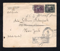 NICARAGUA - 1928 - PROVISIONAL ISSUE & REGISTRATION: Cover franked with 1928 5c slate with 'Correos 1928' overprint and 1928 1c violet TAX issue with 'R. de C.' and 'Resello 1928' overprints (SG 578 & 572) tied by 'Lines' cancel with MANAGUA cds dated JUL 13 1928 and boxed registration marking all on front. Addressed to USA with transit and arrival marks on reverse.  (NIC/42647)