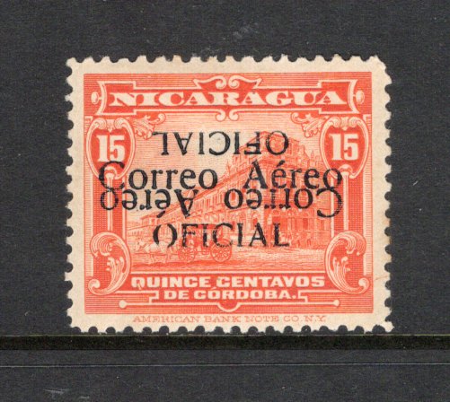 NICARAGUA - 1932 - VARIETY: 15c vermilion with 'CORREO AEREO OFICIAL' overprint, a fine mint copy with variety OVERPRINT DOUBLE ONE INVERTED. Only one sheet of 100 was printed. Very scarce. Expertised 'Sanabria' on reverse. (SG O688c, Maxwell #OA4f)  (NIC/43072)