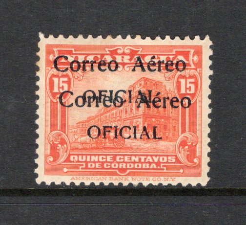 NICARAGUA - 1932 - VARIETY: 15c vermilion with 'CORREO AEREO OFICIAL' overprint, a fine mint copy with variety OVERPRINT DOUBLE. Only one sheet of 100 was printed. Very scarce. Expertised 'Sanabria' on reverse. (SG O688b, Maxwell #OA4e)  (NIC/43073)