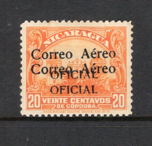 NICARAGUA - 1932 - VARIETY: 20c orange with 'CORREO AEREO OFICIAL' overprint, a fine mint copy with variety OVERPRINT DOUBLE. Only one sheet of 100 was printed. Very scarce. Expertised 'Sanabria' on reverse. (SG O689a, Maxwell #OA5d)  (NIC/43074)