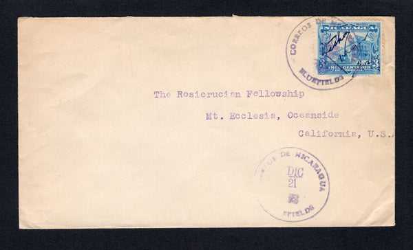 NICARAGUA - 1935 - POSTMASTER PROVISIONAL: Cover franked with single 1933 3c light blue with 'Signature' overprint in blue and with 'J A Lopez' Postmaster's Signature validating the stamp after a large theft of stamps from the Treasury on November 16th 1935 (SG 780) tied by BLUEFIELDS cds dated DIC 21 1935 with second strike alongside. Addressed to USA. Only three 'J A Lopez' covers are recorded in the definitive 1999 article on these issues by B Byerley. Very rare.  (NIC43785)
