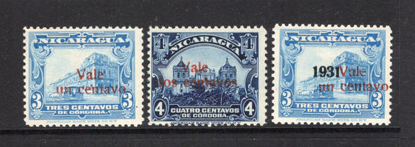 NICARAGUA - 1932 - SURCHARGE ISSUE: 1c on 3c light blue, 2c on 4c blue and 1c on 3c light blue with additional '1931' overprint in black, the set of three fine mint. (SG 736/738)  (NIC44097)